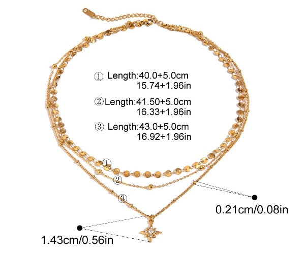 Gold multi-layered necklace with a star-shaped pendant, shown on a white background with overlaid length measurements and callout lines.