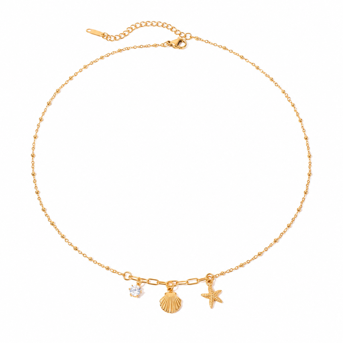 Gold stainless steel necklace with starfish, seashell and zircon charms