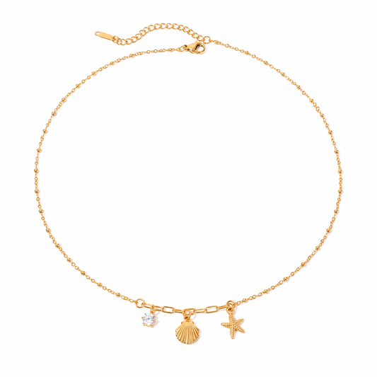 Gold stainless steel necklace with starfish, seashell and zircon charms