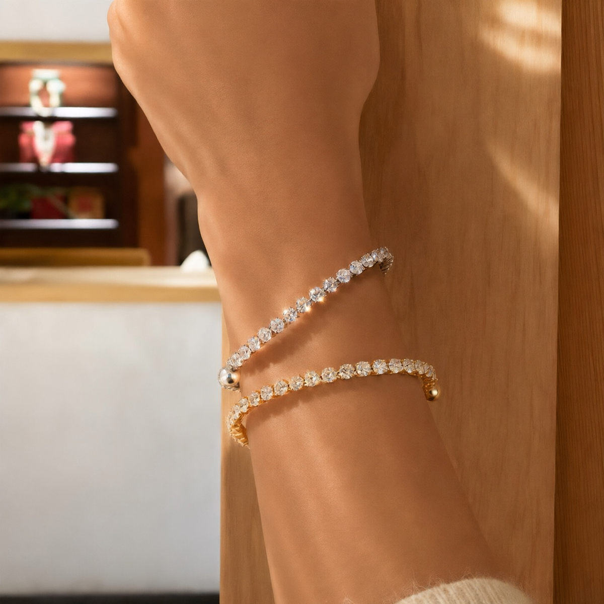 Woman wearing a delicate zircon tennis bracelet