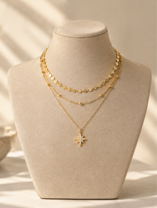 Celeste Layered Eight-Point Star Necklace in gold