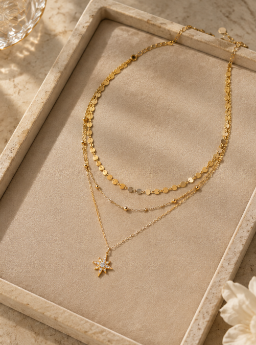 Celeste Layered Eight-Point Star Necklace in gold
